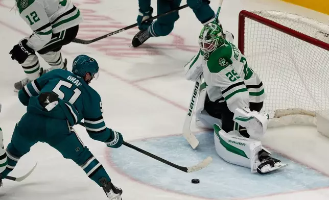 San Jose Sharks right wing Collin Graf (51) scores a goal against Dallas Stars goaltender Jake Oettinger (29) during the third period of an NHL hockey game in San Jose, Calif., Thursday, Dec. 18, 2025. (AP Photo/Jeff Chiu)