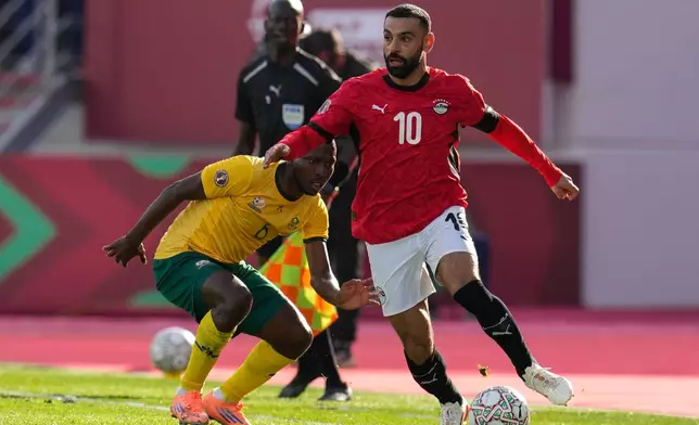 Egypt's Mohamed Salah in action during the Africa Cup of Nations group B soccer match between Egypt and South Africa in Agadir, Morocco, Friday, Dec. 26, 2025. (AP Photo/Themba Hadebe)