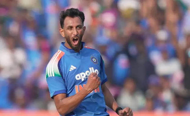 India's Prasidh Krishna celebrates the wicket of South Africa's Aiden Markram during the third One Day International cricket match between India and South Africa in Visakhapatnam, India, Saturday, Dec. 6, 2025. (AP Photo/Mahesh Kumar A.)