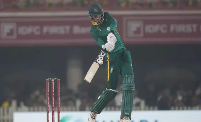 South Africa's Marco Jansen plays a shot during the first One Day International match between India and South Africa in Ranchi, India, Sunday, Nov. 30, 2025. (AP Photo/Rafiq Maqbool)