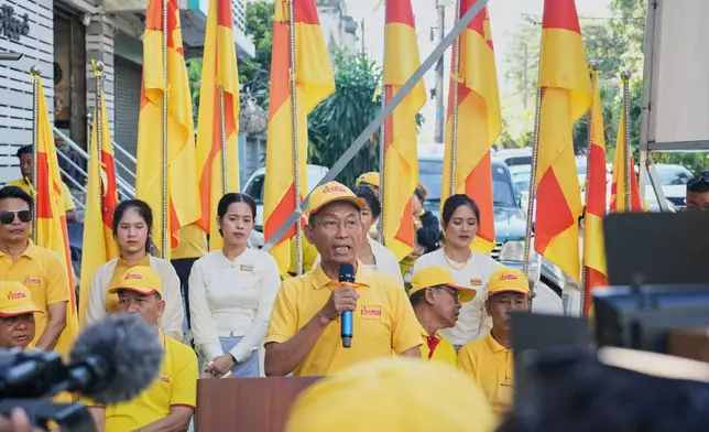 FILE - Ko Ko Gyi, chairman of the People's Party and leader of Myanmar prominent 1988 pro-democracy uprising, speaks during opening ceremony of campaign poster and election campaign, Nov. 19, 2025, in Yangon, Myanmar. (AP Photo/Thein Zaw, File)