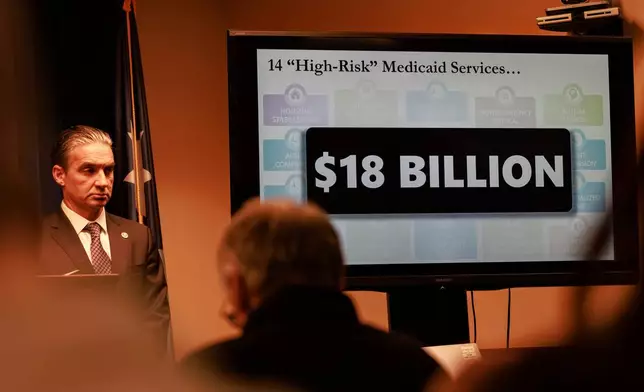 A sign is shown as first Assistant U.S. Attorney Joseph H. Thompson, not seen, delivers remarks during a news conference at the U.S. Attorney's Office inside the United States Courthouse on Thursday, Dec. 18, 2025, in Minneapolis. (Kerem Yücel/Minnesota Public Radio via AP)