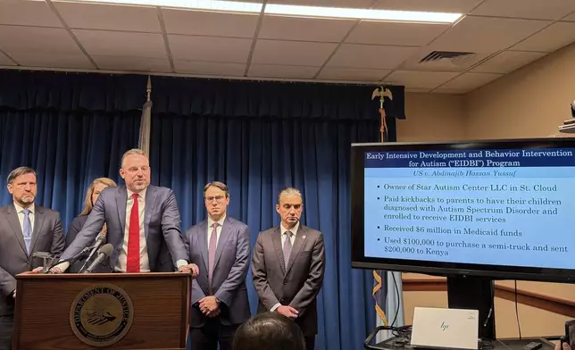 First Assistant U.S. Attorney Joe Thompson describes a sprawling fraud investigation involving state-run programs in Minnesota at a news conference Thursday, Dec. 18, 2025, in Minneapolis. (AP Photo/Giovanna Dell'Orto)