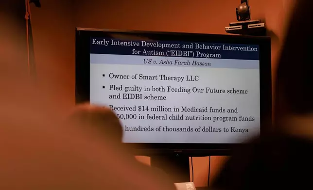 A slide outlining details is displayed during remarks by the U.S. Attorney's Office at a news conference at the United States Courthouse on Thursday, Dec. 18, 2025, in Minneapolis. (Kerem Yücel/Minnesota Public Radio via AP)