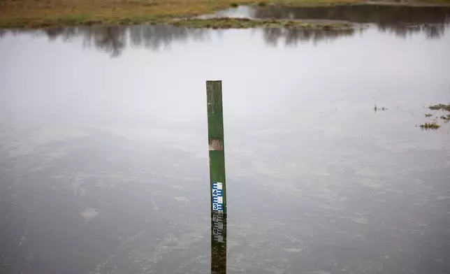 A water gauge is visible in an artificial lake in Kiskunmajsa, Hungary, Tuesday, July 29, 2025. (AP Photo/Denes Erdos)