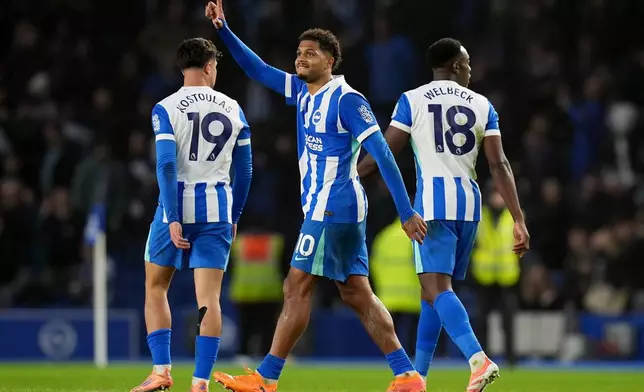 Brighton and Hove Albion's Georginio Rutter, centre, celebrates after scoring his sides first goal during the English Premier League soccer match between Brighton and Hove Albion v West Ham United, in Brighton, England, Sunday, Dec. 7, 2025. (Gareth Fuller/PA via AP)