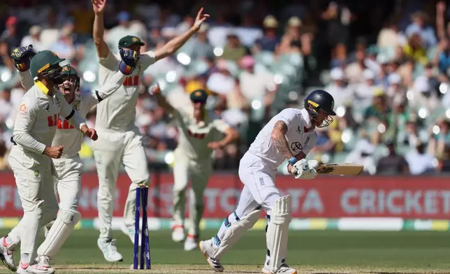 Australian players celebrate after England's Ben Stokes, right, was dismissed during play on day four of the third Ashes cricket test between England and Australia in Adelaide, Australia, Saturday, Dec. 20, 2025. (AP Photo/James Elsby)