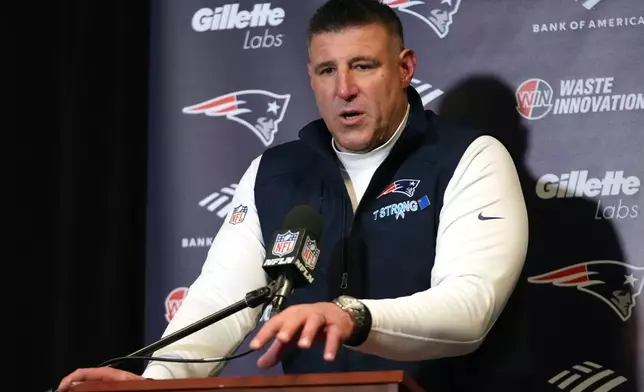 New England Patriots head coach Mike Vrabel talks during a news conference after is team defeated the New York Jets in an NFL football game, Sunday, Dec. 28, 2025, in East Rutherford, N.J. (AP Photo/Frank Franklin)