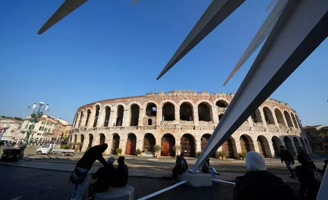 An external view of the Arena of Verona, Italy, Wednesday, Dec. 10, 2025. (AP Photo/Luca Bruno)
