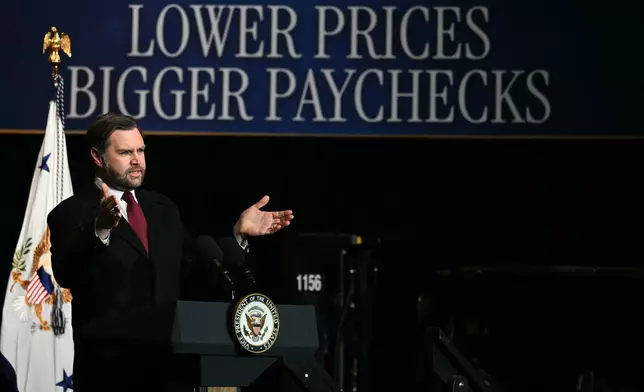 Vice President JD Vance speaks at an industrial shipping facility on the administration's economic agenda and impacts on the Midwest in Toledo, Ohio, on Thursday, Jan. 22, 2026. (Jim Watson/Pool Photo via AP)