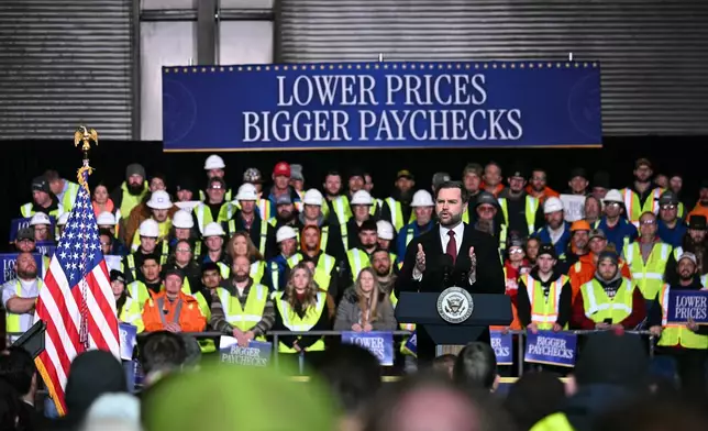 Vice President JD Vance speaks at an industrial shipping facility on the administration's economic agenda and impacts on the Midwest in Toledo, Ohio, on Thursday, Jan. 22, 2026. (Jim Watson/Pool Photo via AP)