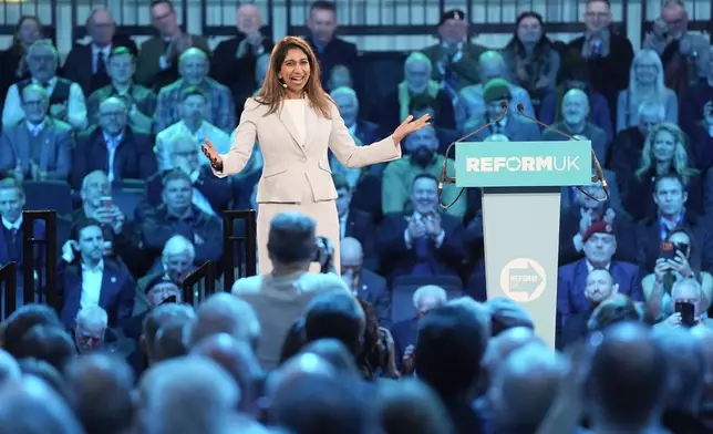 Former British home secretary Suella Braverman speaks during a Reform UK press conference in Westminster, central London, Monday, Jan. 26, 2026. (Stefan Rousseau/PA via AP)