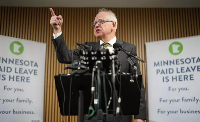 Gov. Tim Walz speaks during a news conference on Tuesday, Jan. 6, 2026 at the Coliseum Building in Minneapolis. (Alex Kormann/Star Tribune via AP)