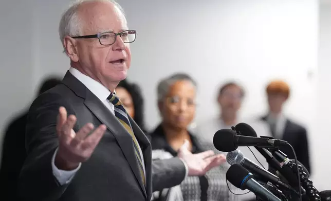 Gov. Tim Walz speaks during a news conference on Tuesday, Jan. 6, 2026 at the Coliseum Building in Minneapolis. (Alex Kormann/Star Tribune via AP)