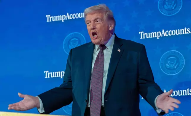 President Donald Trump gestures during the launch of a program known as Trump Accounts at the Andrew W. Mellon Auditorium, Wednesday, Jan. 28, 2026, in Washington. (AP Photo/Jose Luis Magana)