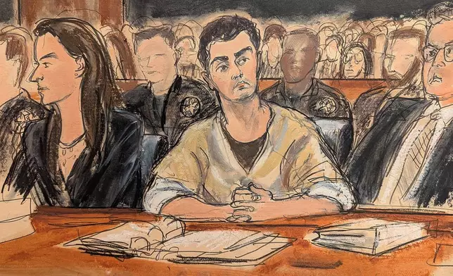 In this courtroom sketch, Luigi Mangione, center, flanked by his attorneys Karen Agnifilo, left and Marc Agnifilo, right, during his court appearance in Manhattan federal court, Friday, Jan. 9, 2026, in New York. (Elizabeth Williams via AP)