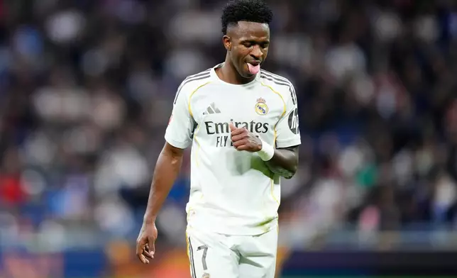 Real Madrid's Vinicius Junior reacts during the Spanish La Liga soccer match between Real Madrid and Levante in Madrid, Spain, Saturday, Jan. 17, 2026. (AP Photo/Jose Breton)