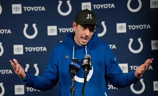 Indianapolis Colts head coach Shane Steichen talks to the media following an NFL football game against the Houston Texans in Houston, Sunday, Jan. 4, 2026. (AP Photo/David J. Phillip)