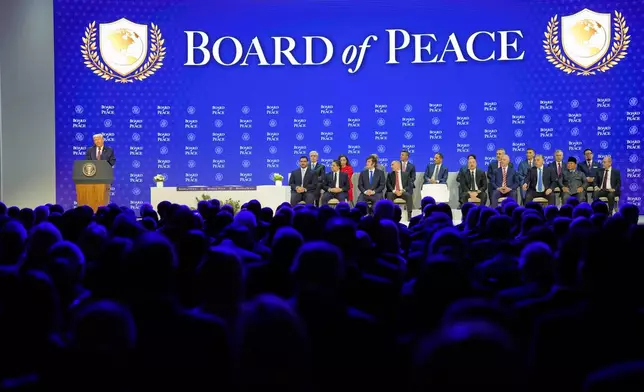 President Trump speaks during a session on the Board of Peace initiative of US President Donald Trump at the Annual Meeting of the World Economic Forum in Davos, Switzerland, Thursday, Jan. 22, 2026. (AP Photo/Markus Schreiber)