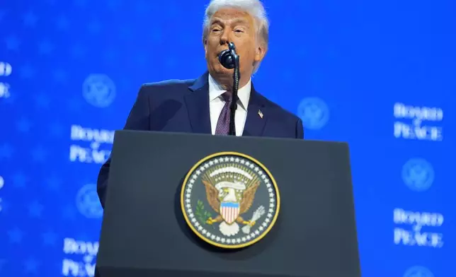 President Donald Trump speaks during a Board of Peace charter announcement during the Annual Meeting of the World Economic Forum in Davos, Switzerland, Thursday, Jan. 22, 2026. (AP Photo/Evan Vucci)