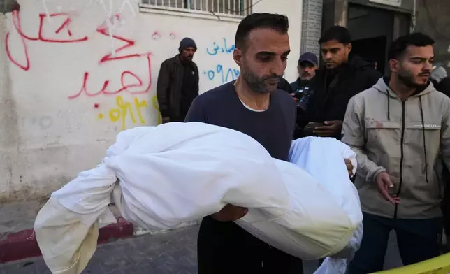 FILE - The body of 11-year-old Palestinian girl Hamsa Hosou, killed by Israeli fire in Jabalia, is brought to Shifa Hospital in Gaza City Thursday, Jan. 8, 2026. (AP Photo/Jehad Alshrafi, File)