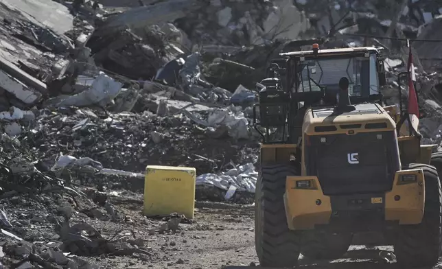 A yellow block demarcating the "Yellow Line," which has separated the Gaza Strip's Israeli-held and Palestinian zones since the October ceasefire, is visible in Jabalia, northern Gaza Strip. where Hamas militants are searching for the remains of hostages, Monday, Dec. 1, 2025. (AP Photo/Jehad Alshrafi)