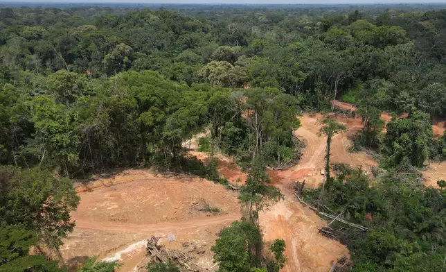 An aerial view shows a forest where Bea Mountain Mining Corporation is conducting exploration near Gbargbo Village, Liberia, July 11, 2025. (AP Photo/Misper Apawu)