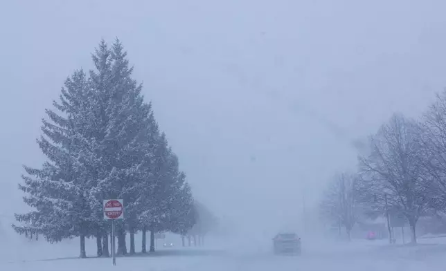 Vehicles are driven through whiteout conditions along Lake Michigan Drive during a winter storm warning in Ottawa County, Mich. on Monday, Jan. 19, 2026. (Joel Bissell/Kalamazoo Gazette via AP)