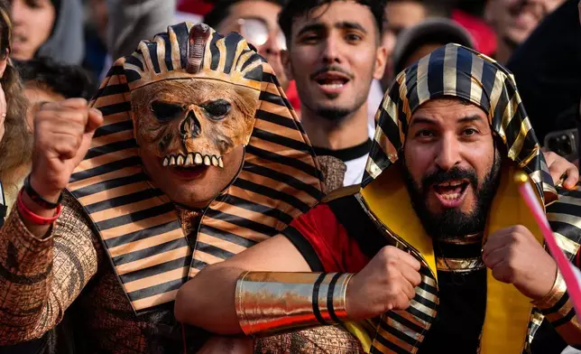 Egypt fans support their team during the Africa Cup of Nations group B soccer match between Egypt and South Africa in Agadir, Morocco, Friday, Dec. 26, 2025. (AP Photo/Themba Hadebe)