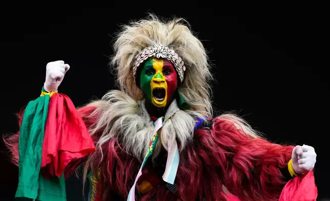 A senegal fan cheers during the Africa Cup of Nations group D soccer match between Senegal and DR Congo in Tangier, Morocco, Saturday, Dec. 27, 2025. (AP Photo/Themba Hadebe)