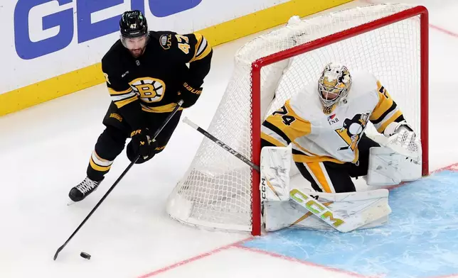 Boston Bruins center Mark Kastelic maneuvers the puck around the net guarded by Pittsburgh Penguins goaltender Stuart Skinner (74) during the second period of an NHL hockey game, Sunday, Jan. 11, 2026, in Boston. (AP Photo/Mark Stockwell)