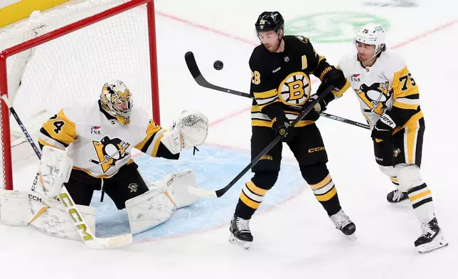 Pittsburgh Penguins goaltender Stuart Skinner (74) and Pittsburgh Penguins defenseman Connor Clifton (75) defend the net on a goal-attempt by Boston Bruins center Elias Lindholm (28) during the second period of an NHL hockey game, Sunday, Jan. 11, 2026, in Boston. (AP Photo/Mark Stockwell)