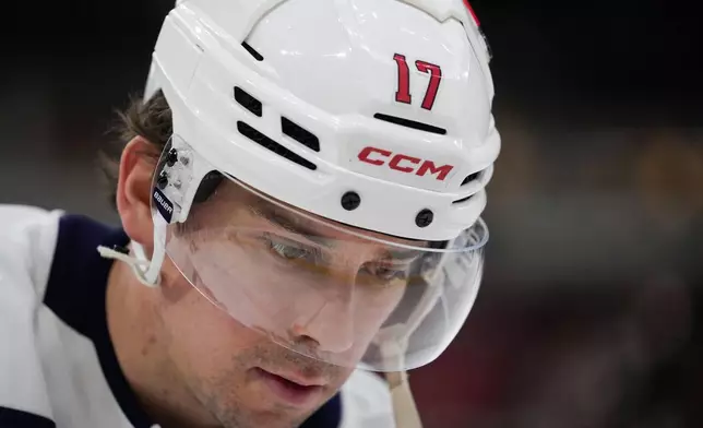 Washington Capitals center Dylan Strome warms up before an NHL hockey game against the Chicago Blackhawks, Friday, Jan. 9, 2026, in Chicago. (AP Photo/Erin Hooley)
