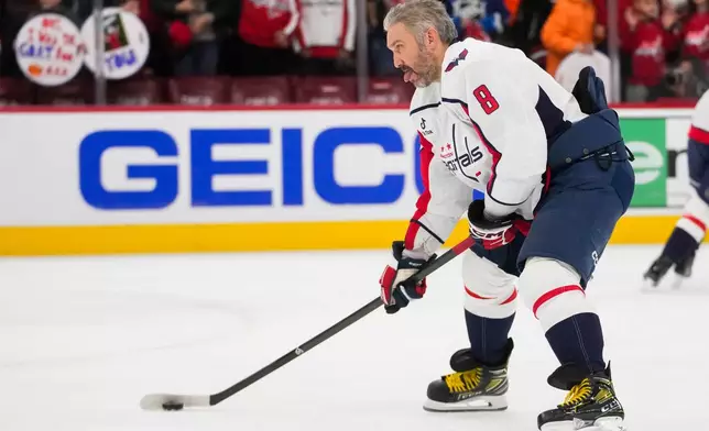 Washington Capitals left wing Alex Ovechkin warms up before an NHL hockey game against the Chicago Blackhawks, Friday, Jan. 9, 2026, in Chicago. (AP Photo/Erin Hooley)