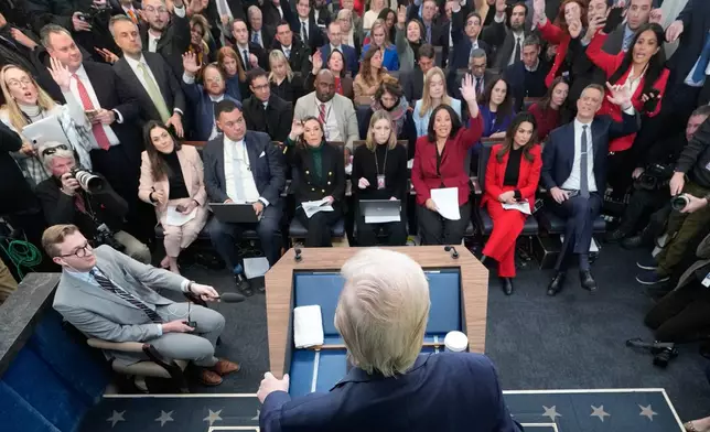 President Donald Trump speaks during a press briefing at the White House in Washington, Tuesday, Jan. 20, 2026. (AP Photo/Mark Schiefelbein)