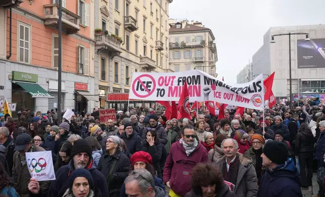 People take part in an Anti-ICE demonstration, ahead of the 2026 Winter Olympics, in Milan, Italy, Saturday, Jan. 31, 2026. (AP Photo/Antonio Calanni)