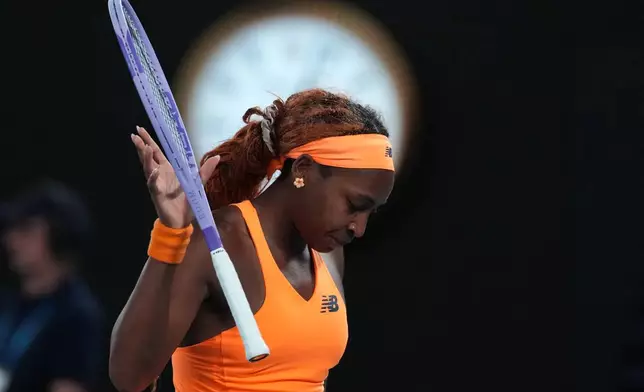 Coco Gauff of the U.S. reacts during her quarterfinal match against Elina Svitolina of Ukraine during their quarterfinal match at the Australian Open tennis championship in Melbourne, Australia, Tuesday, Jan. 27, 2026. (AP Photo/Dita Alangkara)