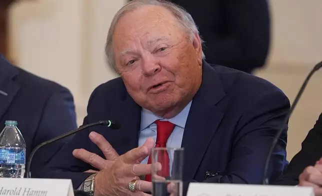 Harold Hamm, founder and chairman of Continental Resources, speaks during a meeting with President Donald Trump and oil executives in the East Room of the White House, Friday, Jan. 9, 2026, in Washington. (AP Photo/Evan Vucci)