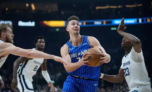 Orlando Magic forward Franz Wagner (22) controls the ball during an NBA basketball game between Orlando Magic and Memphis Grizzlies in Berlin, Germany, Thursday, Jan. 15, 2026. (AP Photo/Ebrahim Noroozi)