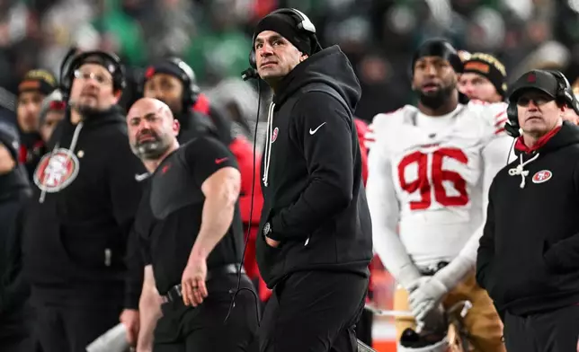 FILE - San Francisco 49ers defensive coordinator Robert Saleh looks on from the sideline during the second half of an NFL wild card playoff football game against the Philadelphia Eagles, Sunday, Jan. 11, 2026, in Philadelphia. (AP Photo/Terrance Williams, File)