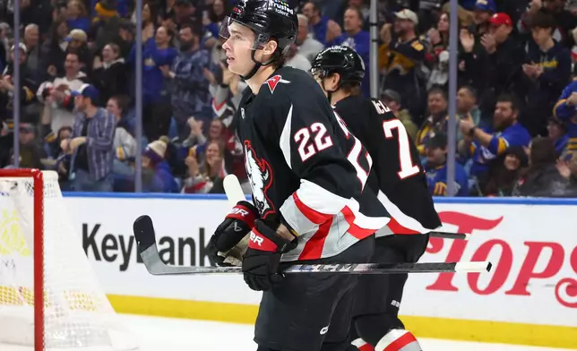 Buffalo Sabres right wing Jack Quinn (22) celebrates his goal during the first period of an NHL hockey game against the Anaheim Ducks Saturday, Jan. 10, 2026, in Buffalo, N.Y. (AP Photo/Jeffrey T. Barnes)