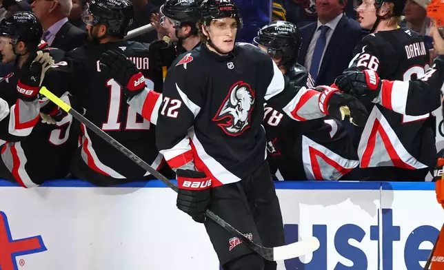 Buffalo Sabres center Tage Thompson (72) celebrates his goal during the second period of an NHL hockey game against the Anaheim Ducks Saturday, Jan. 10, 2026, in Buffalo, N.Y. (AP Photo/Jeffrey T. Barnes)