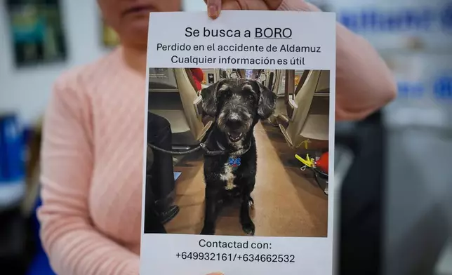A woman holds a sign reading in Spanish, "Missing Boro. Lost during the Adamuz accident. Any information is helpful," about a dog that went missing during a train crash in Adamuz, southern Spain, Wednesday, Jan. 21, 2026. (AP Photo/Manu Fernandez)