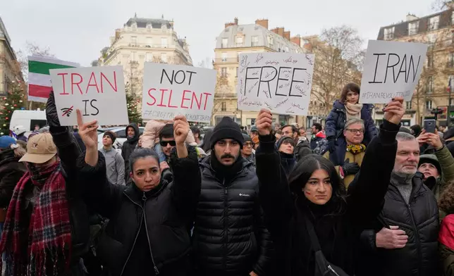 Protesters hold placards during a rally in support of the nationwide mass demonstrations in Iran against the government in Paris, Sunday, Jan. 11, 2026. (AP Photo/Michel Euler)