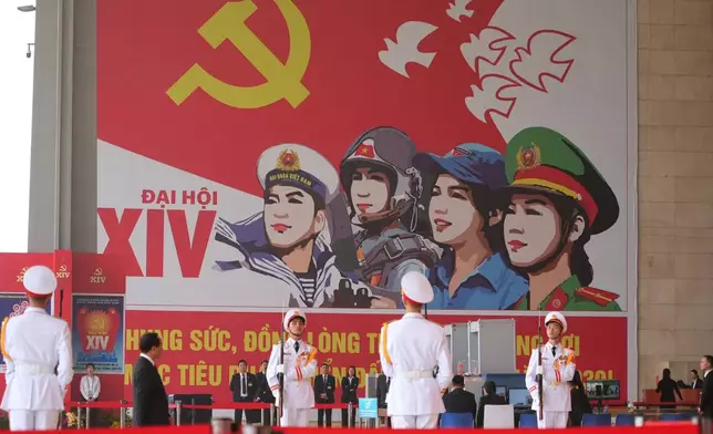 Delegates arrive at the National Convention Center for the week-long Congress of the Communist Party of Vietnam in Hanoi, Vietnam, Monday, Jan. 19, 2026. (AP Photo/Hau Dinh)