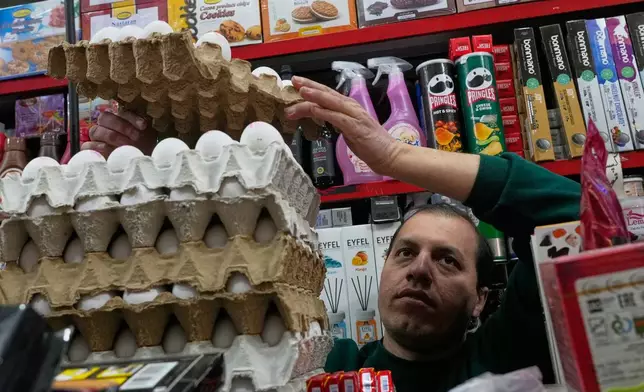 A shopkeeper arranges crates of eggs at his grocery store in northern Tehran, Iran, Tuesday, Jan. 6, 2026. (AP Photo/Vahid Salemi)