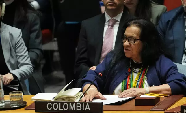 Colombia's ambassador to the U.N. Leonor Zalabata addresses the Security Council Monday, Jan. 5, 2026 at U.N. headquarters. (AP Photo/Frank Franklin II)