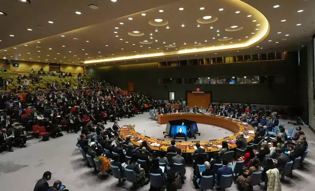 People listen as Venezuela's U.N. Ambassador Samuel Moncada speaks during a meeting of the Security Council Monday, Jan. 5, 2026 at U.N. headquarters. (AP Photo/Frank Franklin II)