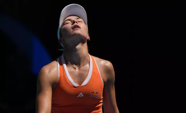Iva Jovic of the U.S. reacts during her quarterfinal match against Aryna Sabalenka of Belarus at the Australian Open tennis championship in Melbourne, Australia, Tuesday, Jan. 27, 2026. (AP Photo/Dar Yasin)
