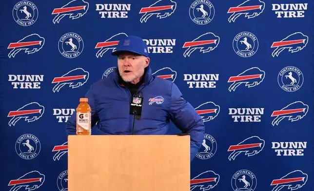 Buffalo Bills head coach Sean McDermott responds to questions during a news conference after an NFL divisional playoff game against the Denver Broncos, Saturday, Jan. 17, 2026, in Denver. (AP Photo/RJ Sangosti)